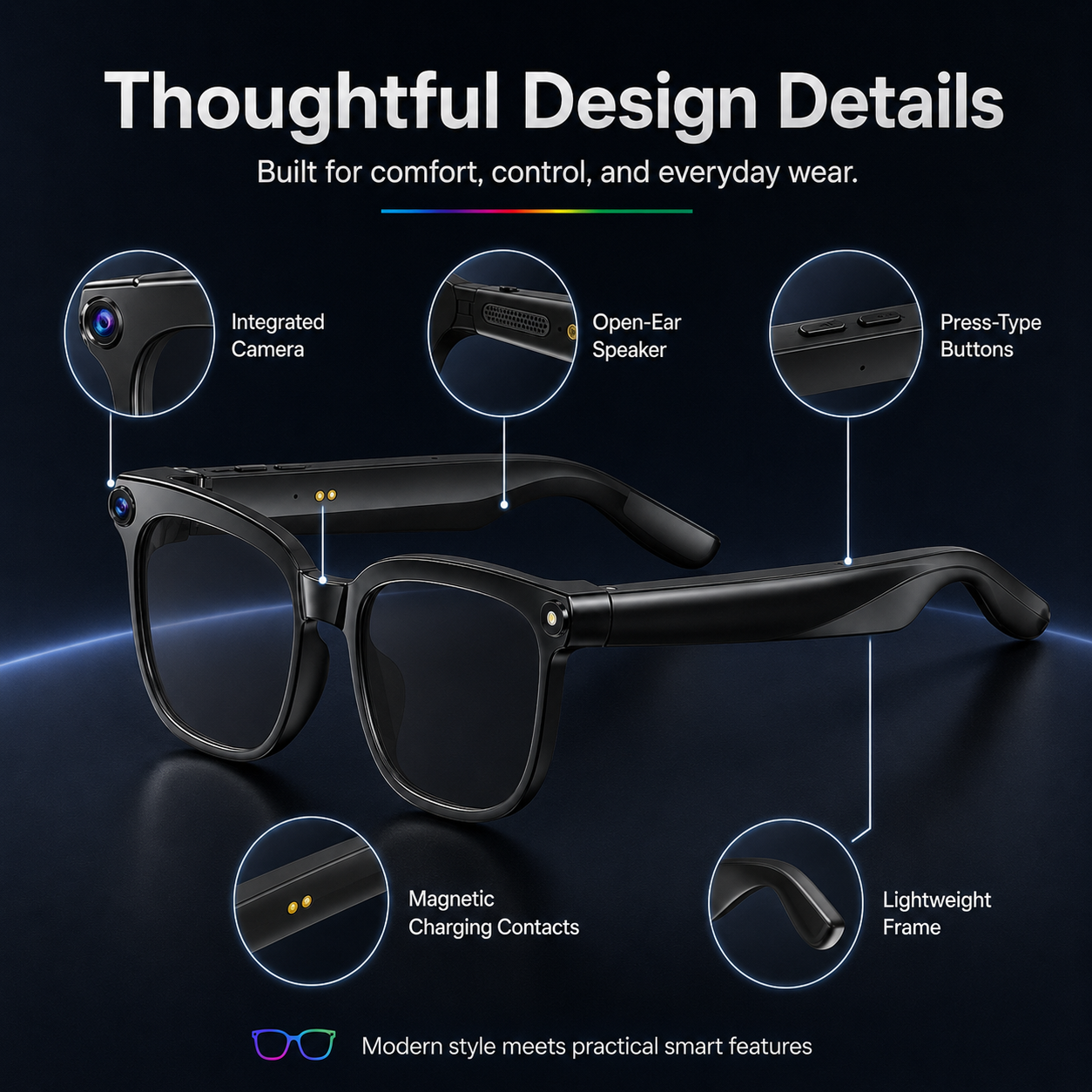 AI smart glasses design details showing integrated camera, open-ear speaker, press-type buttons, magnetic charging contacts, and lightweight frame
