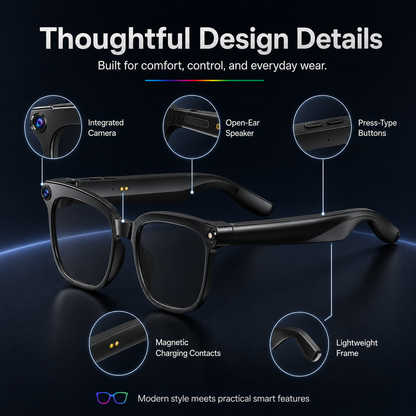 AI smart glasses design details showing integrated camera, open-ear speaker, press-type buttons, magnetic charging contacts, and lightweight frame