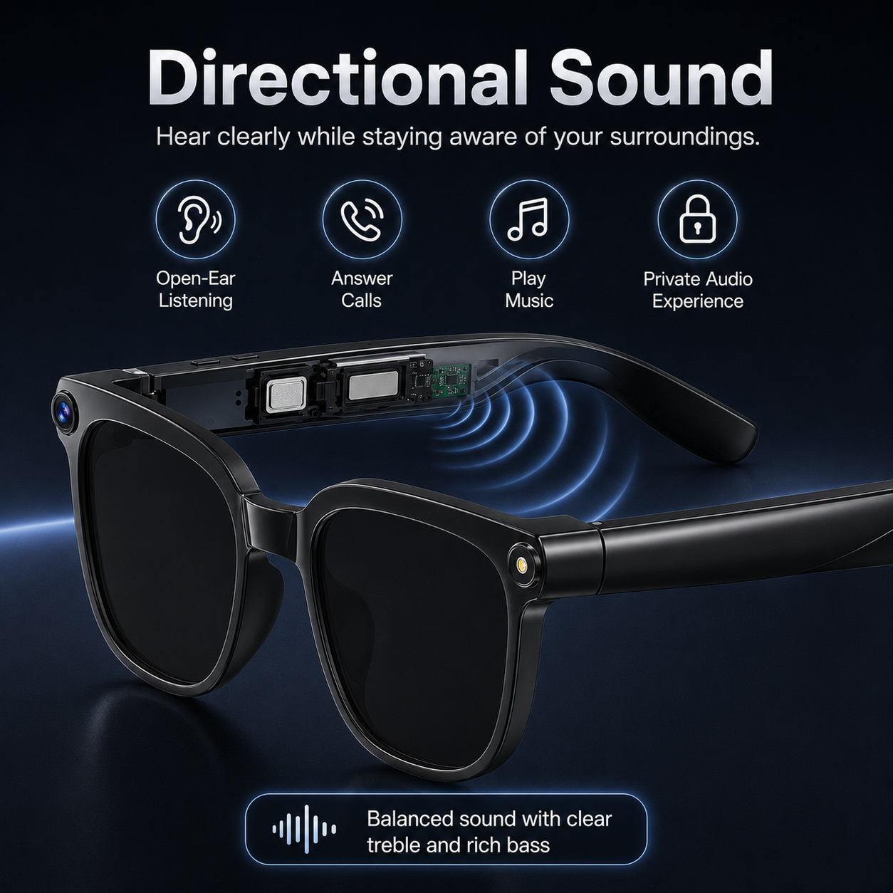 AI smart glasses with directional open-ear audio for calls, music, private listening, and clear sound while staying aware of surroundings