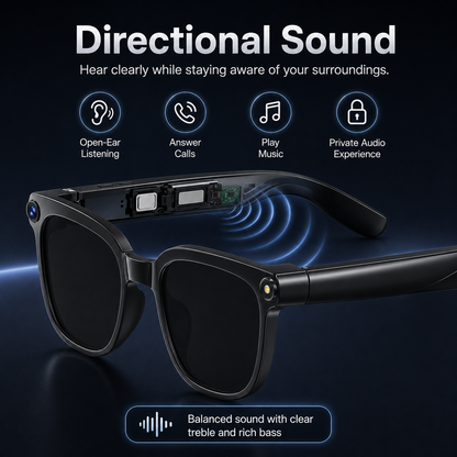 AI smart glasses with directional open-ear audio for calls, music, private listening, and clear sound while staying aware of surroundings