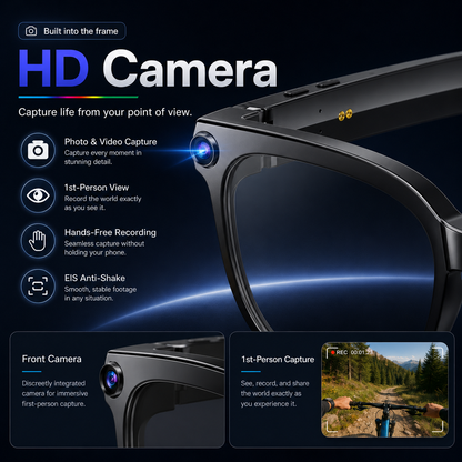 AI smart glasses with built-in HD camera for photo and video capture, first-person recording, hands-free filming, and EIS anti-shake support
