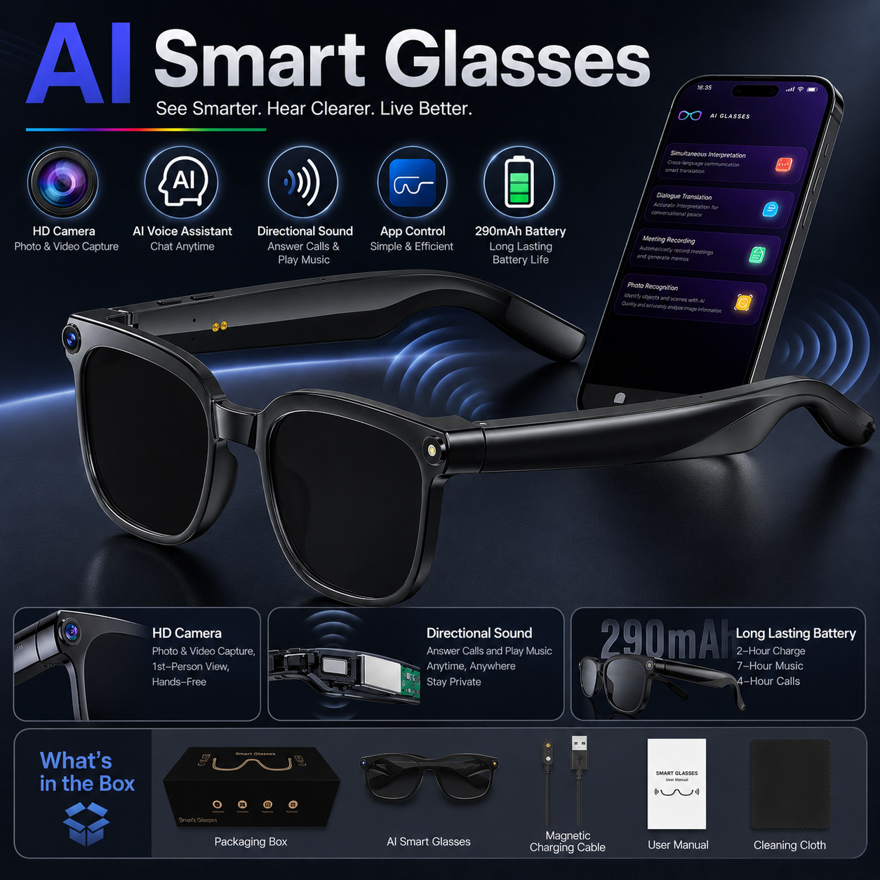 AI smart glasses with HD camera, voice assistant, directional open-ear sound, app control, 290mAh battery, and photo video capture features