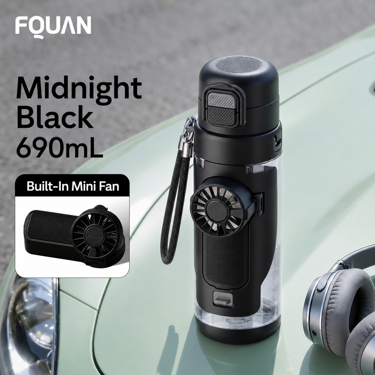 black 4 in 1 cooling water bottle 690ml portable fan bottle with mist spray and drinking functions