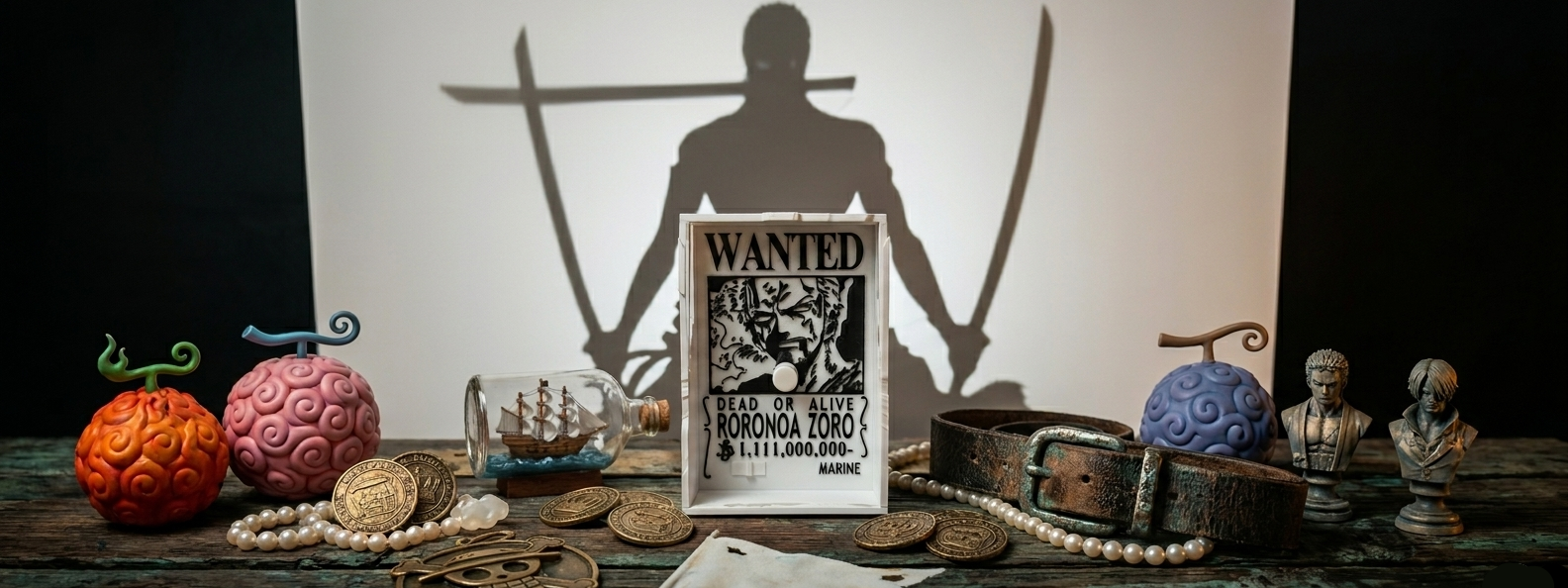 A premium website banner for Blink Rare featuring a Roronoa Zoro shadow box display surrounded by One Piece collectibles like Devil Fruits, gold coins, and a pirate ship in a bottle.