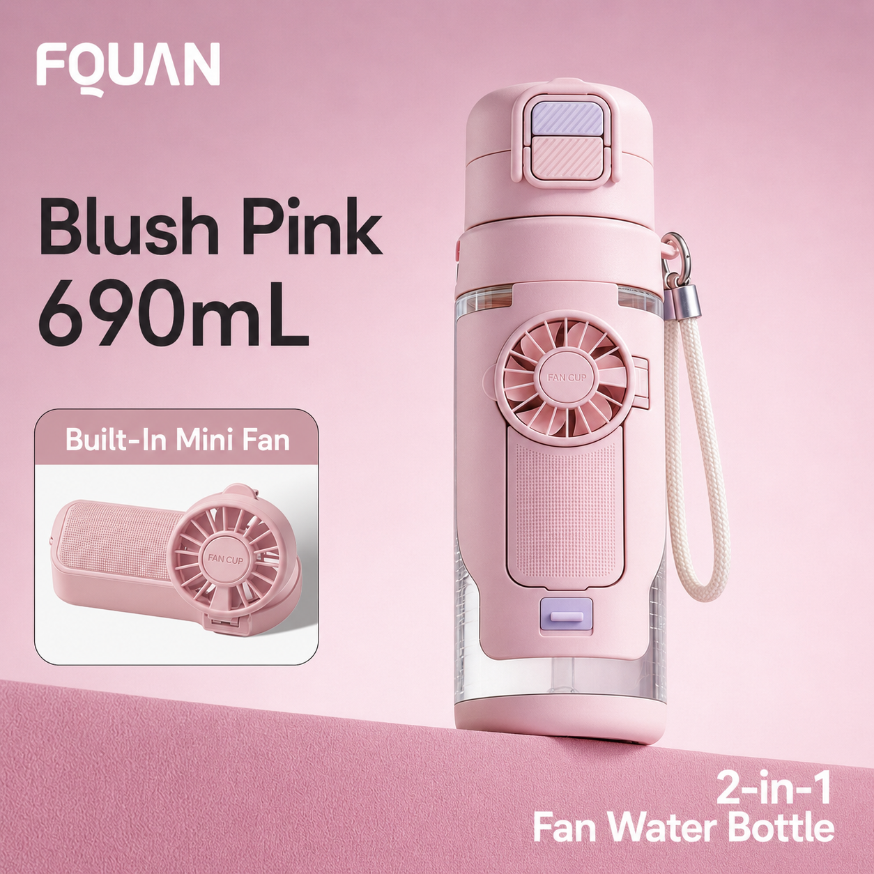 blush pink 4 in 1 cooling water bottle portable fan bottle mist spray hydration bottle for summer use