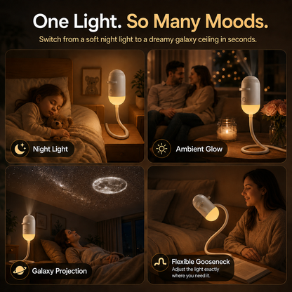 Dual-mode galaxy night light with five dreamy projection slides, soft warm light, stepless dimming, touch control, and flicker-free comfort