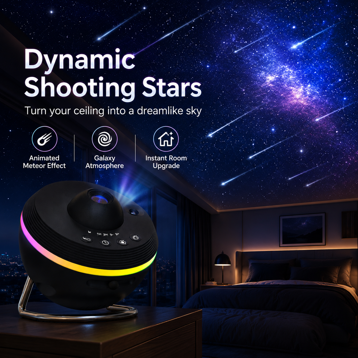 Dynamic shooting stars projection effect from galaxy meteor projector turning a dark room ceiling into a moving starry sky