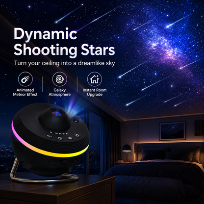 Dynamic shooting stars projection effect from galaxy meteor projector turning a dark room ceiling into a moving starry sky
