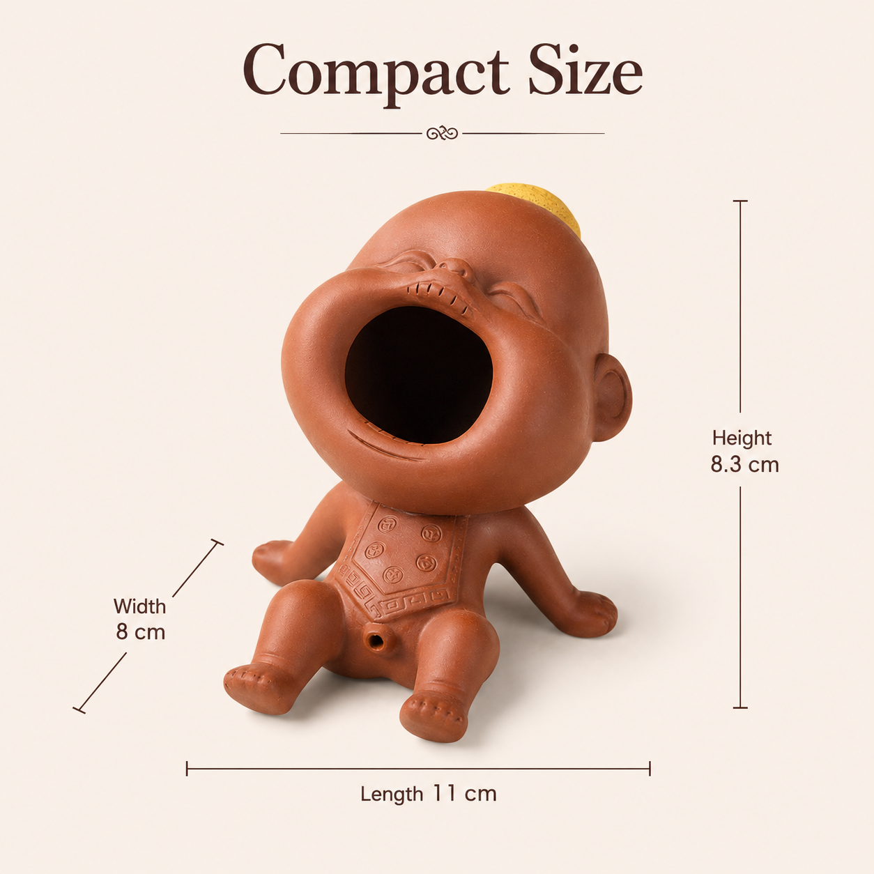 Compact funny ceramic tea fountain tea pet measuring about 11 cm long, 8 cm wide, and 8.3 cm tall for tea tables and desks