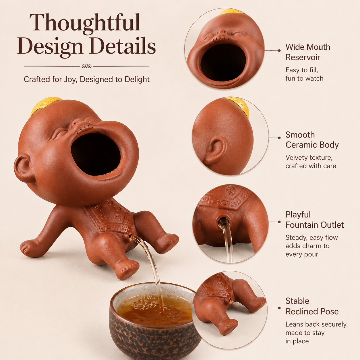 Funny ceramic tea fountain showing wide mouth reservoir, smooth ceramic body, playful outlet, and stable reclined pose