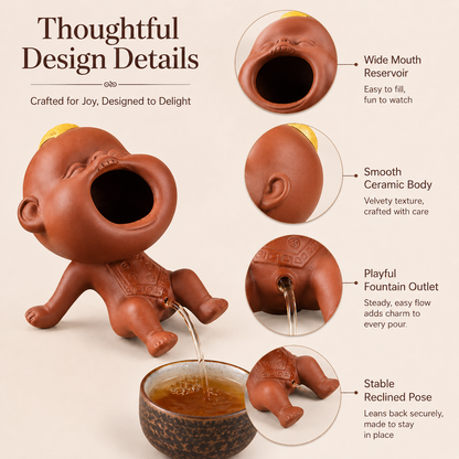 Funny ceramic tea fountain showing wide mouth reservoir, smooth ceramic body, playful outlet, and stable reclined pose