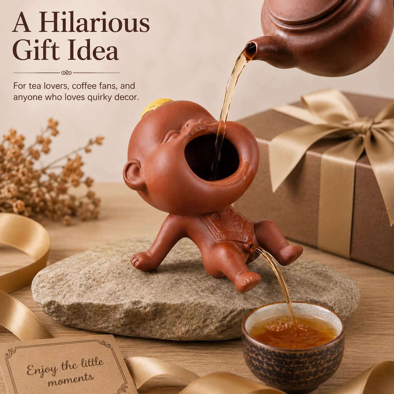 Funny ceramic tea fountain tea pet as a hilarious gift idea for tea lovers, coffee fans, and people who enjoy quirky decor
