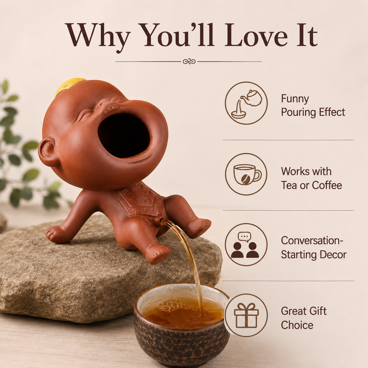 Funny tea fountain tea pet with playful pouring effect, tea or coffee use, conversation-starting decor, and gift-worthy design