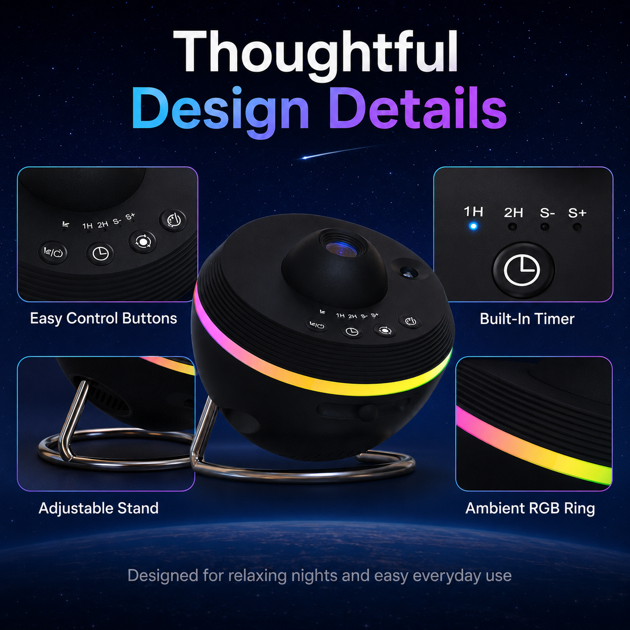Galaxy meteor projector design details with easy control buttons, built-in timer, adjustable stand, and ambient RGB light ring