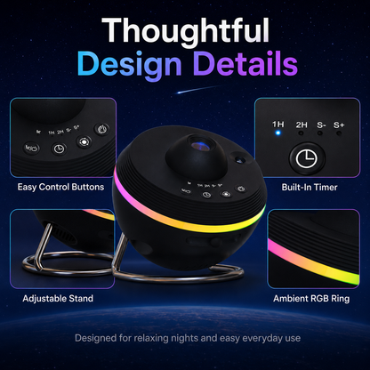 Galaxy meteor projector design details with easy control buttons, built-in timer, adjustable stand, and ambient RGB light ring