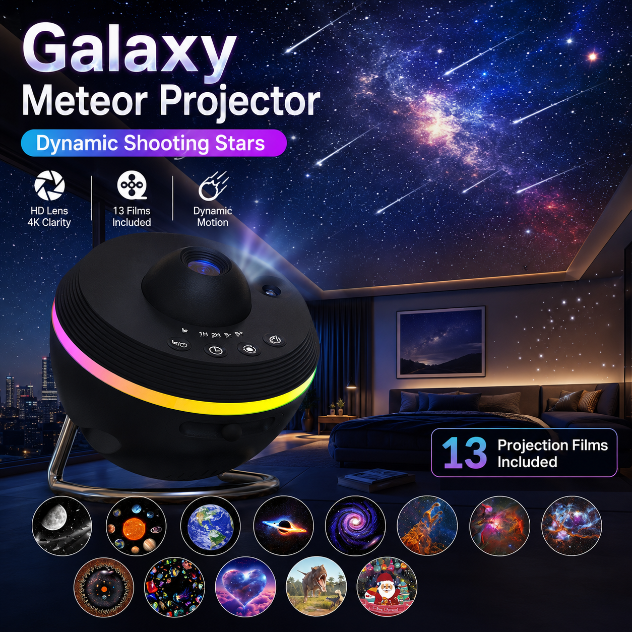 Galaxy meteor projector light with dynamic shooting stars, 13 projection films, HD optical lens, RGB glow, and immersive bedroom ceiling projection