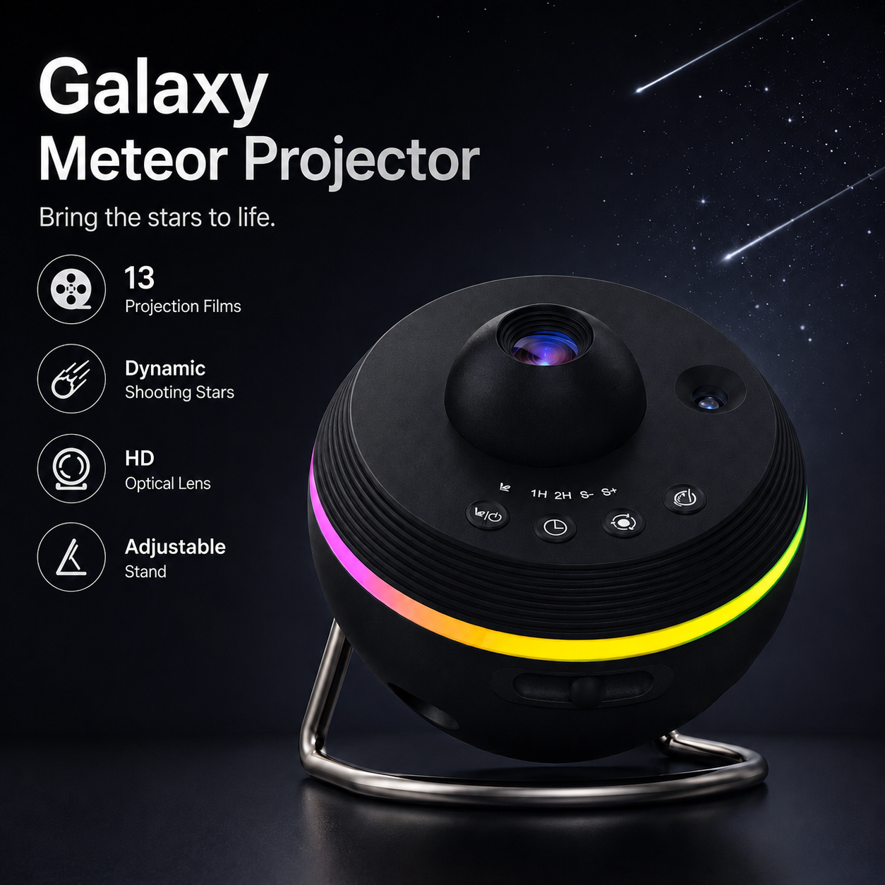 Galaxy meteor projector light with dynamic shooting stars, 13 projection films, HD optical lens, adjustable stand, button controls, and RGB glow