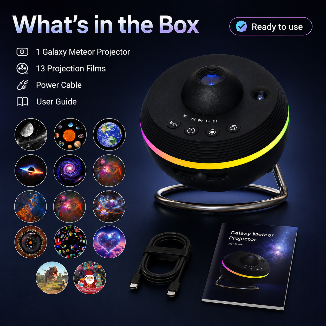 Galaxy meteor projector package including projector, 13 projection films, power cable, and user guide ready for room projection setup
