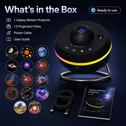 Galaxy meteor projector package including projector, 13 projection films, power cable, and user guide ready for room projection setup