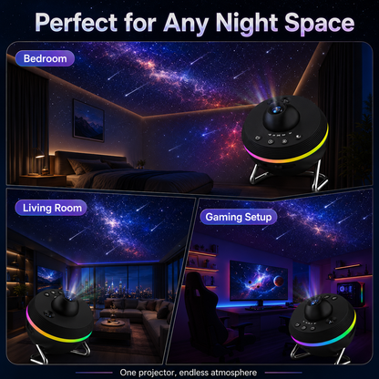 Galaxy meteor projector used in bedroom, living room, and gaming setup to create immersive starry ceiling atmosphere