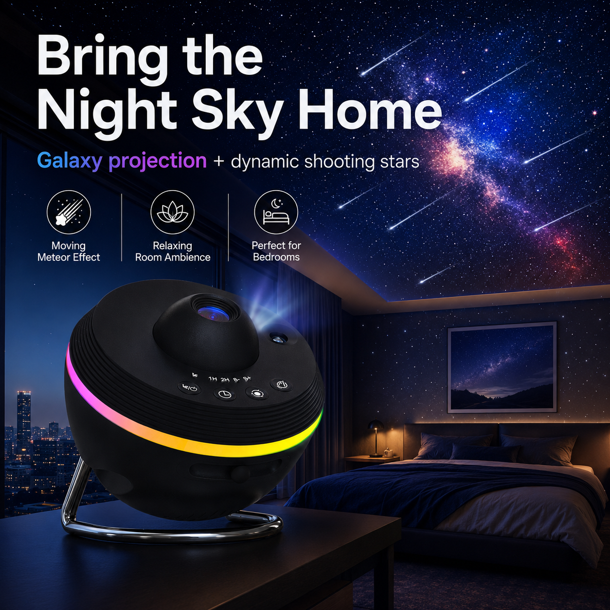 Galaxy meteor projector creating a starry night sky with moving meteor effects on a bedroom ceiling for cozy room atmosphere