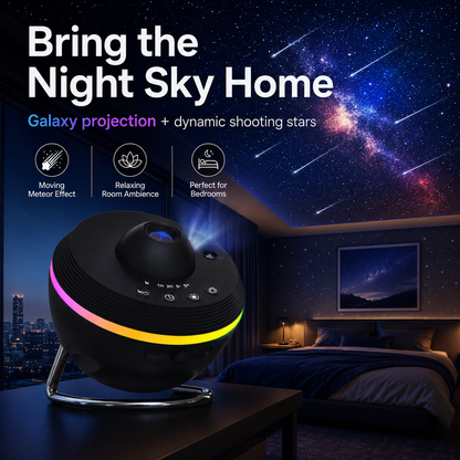 Galaxy meteor projector creating a starry night sky with moving meteor effects on a bedroom ceiling for cozy room atmosphere