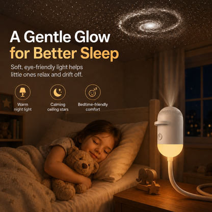 Galaxy projector and warm night light in one compact lamp with cozy projection effects, touch control, and bedside lighting