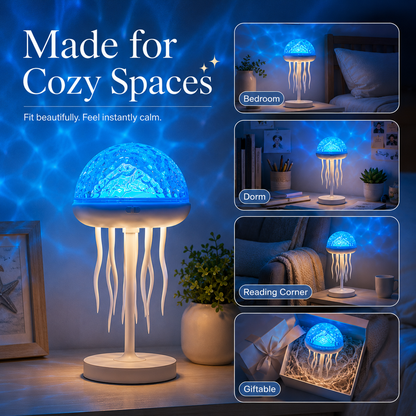 Jellyfish projector lamp displayed in cozy bedroom, living room, desk, and nightstand spaces with calming blue projection