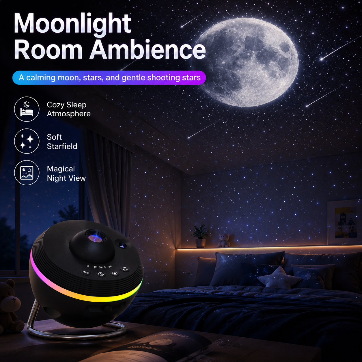 Galaxy meteor projector displaying moonlight, stars, and gentle shooting star effects for a calming bedroom night atmosphere