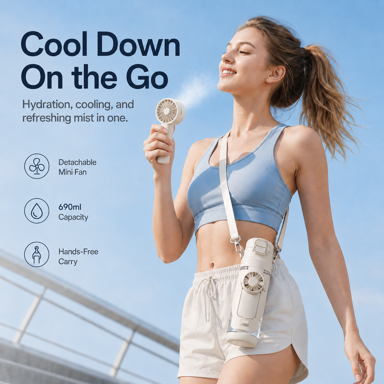 portable cooling fan water bottle used outdoors lightweight hydration bottle with built-in fan for summer cooling