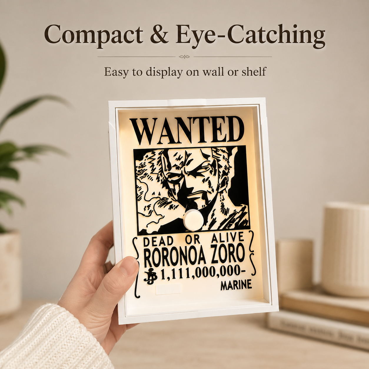 Close-up of wanted poster style lamp designed for anime-inspired room decor and unique gift displays