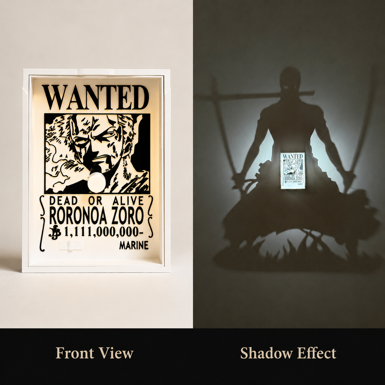 Wanted poster style shadow lamp front view with compact anime-inspired design for desk and shelf decor