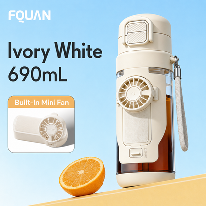 ivory white cooling fan water bottle 690ml multifunction portable hydration bottle with mist spray and fan