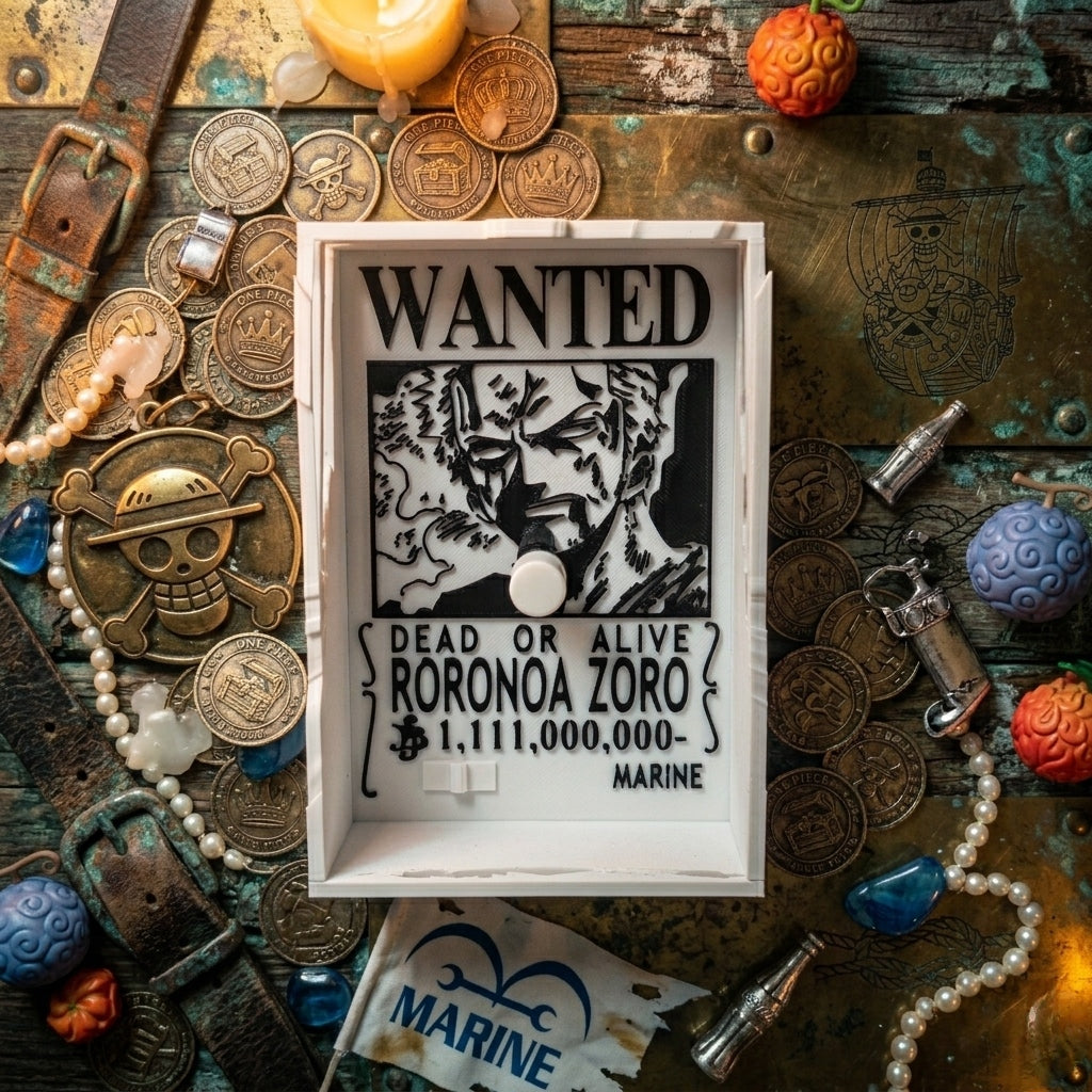 zoro shadow lamp - lose-up product photograph of a 3D-printed Roronoa Zoro wanted poster light switch cover, displaying his 1.111 billion Belly bounty, set on a rustic wooden table surrounded by One Piece themed coins and treasure.
