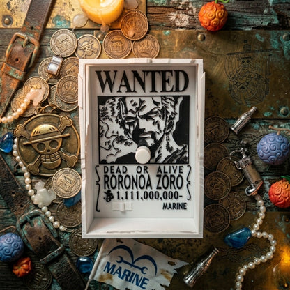 zoro shadow lamp - lose-up product photograph of a 3D-printed Roronoa Zoro wanted poster light switch cover, displaying his 1.111 billion Belly bounty, set on a rustic wooden table surrounded by One Piece themed coins and treasure.